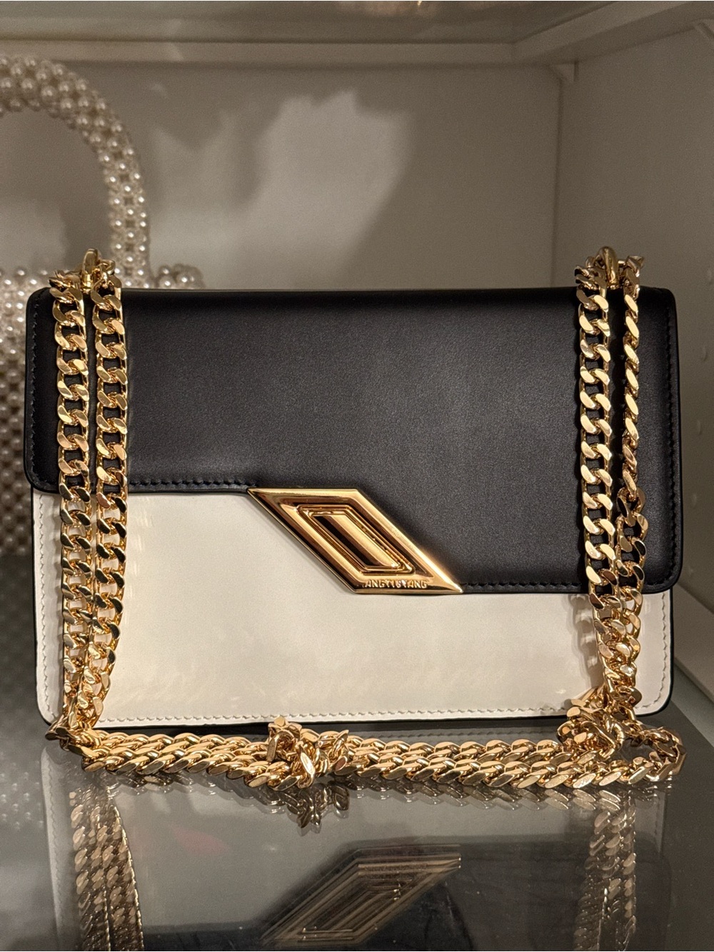 Full grain calf leather black and white ghw gold chain bag crossbody or shoulder